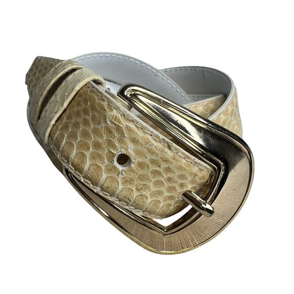 Vintage 80s Size Medium Beige Snakeskin Leather Belt Gold Buckle Classic - Picture 1 of 9